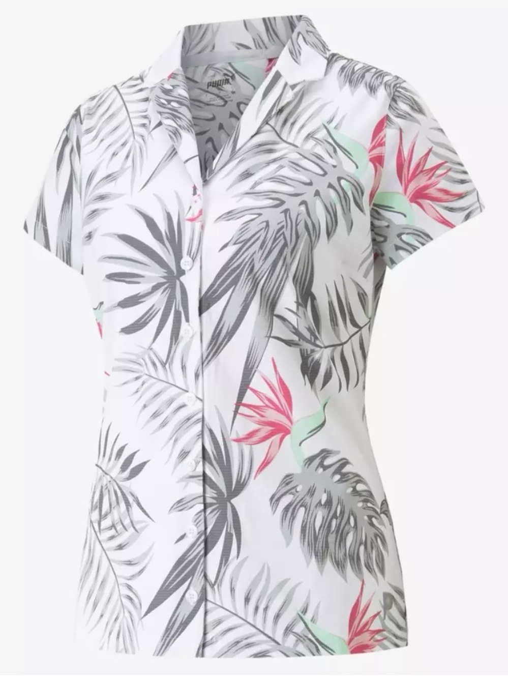 NWT Puma women’s White camp Shirt w/Gray & pink Golden palm tree print size S